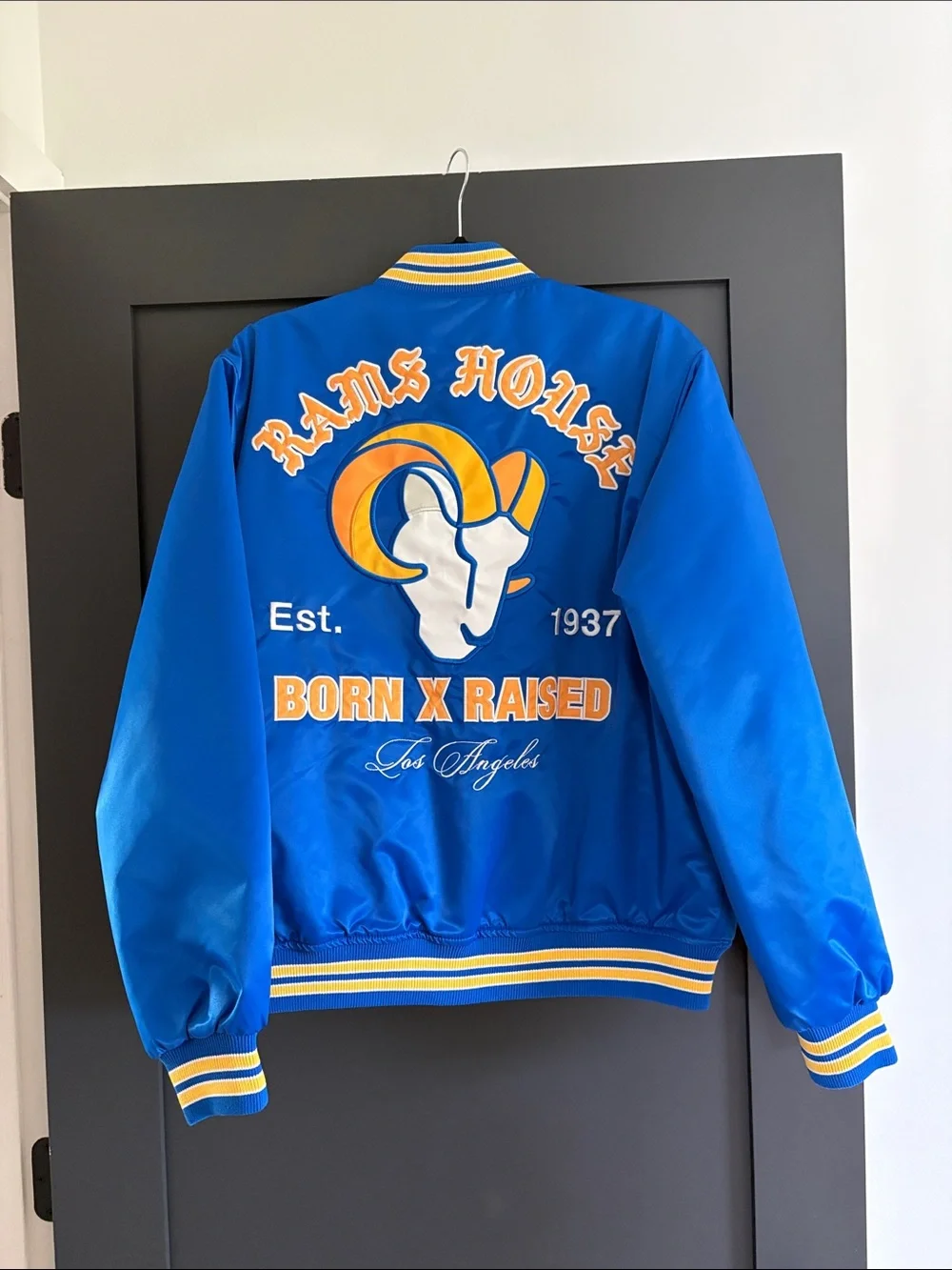 Born x Raised NFL Los Angeles Rams House Satin Bomber Jacket Small LA Football